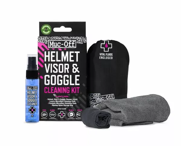 Kit Limpiador antibacteriano lentes y cascos Muc-Off Helmet & Visor Cleaner Spray 35ml + paño + bolsa transport