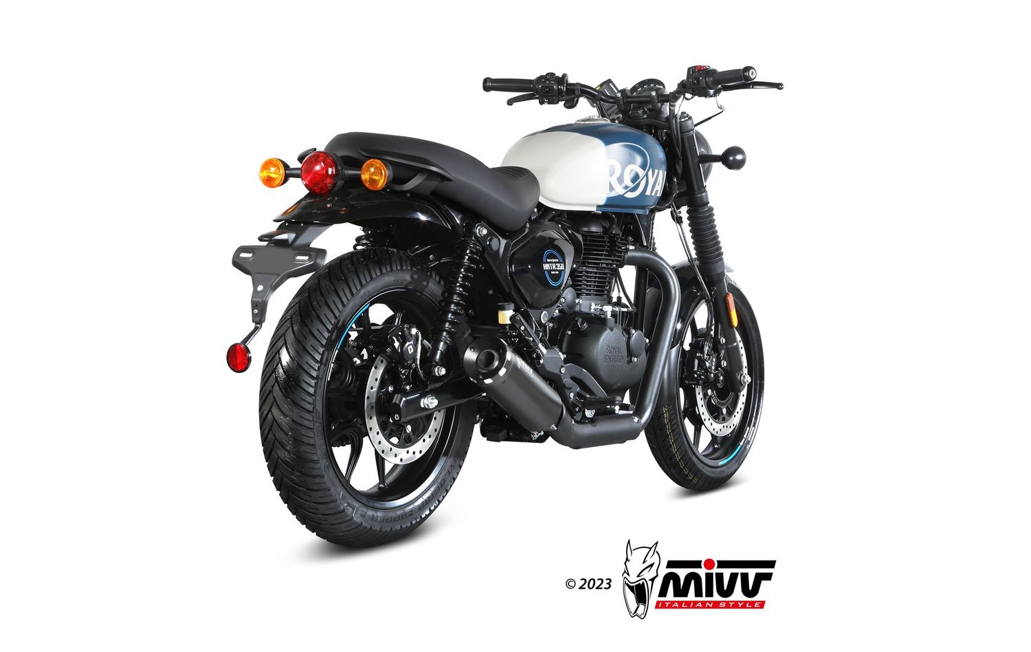 Escape Mivv HR-1 ACERO INOXIDABLE CON RESPALDO DE ALUMINIO NEGRO ROYAL ENFIELD HNTR 350 2022 > 2024