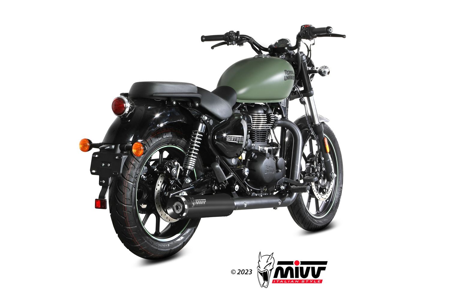 Escape Mivv HR-1 ACERO INOXIDABLE CON RESPALDO DE ALUMINIO NEGRO ROYAL ENFIELD METEOR 350 2021 > 2024