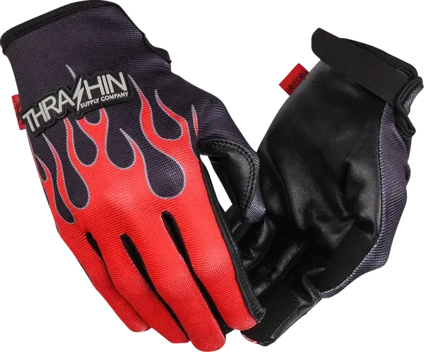 Guantes Stealth de palma de cuero con llamas THRASHIN SUPPLY CO. GLOVE FLAME STEALTH LEATHER PALM RED