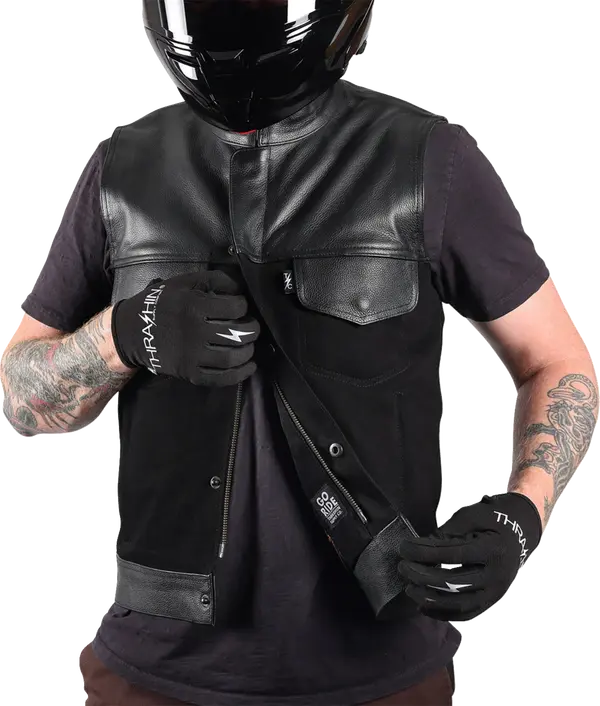 Chaleco de conducción Kanan de cuero/denim THRASHIN SUPPLY CO. VEST KANAN LEATHER DENIM