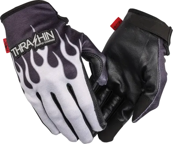 Guantes Stealth de palma de cuero con llamas THRASHIN SUPPLY CO. GLOVE FLAME STEALTH LEATHER PALM GRAY