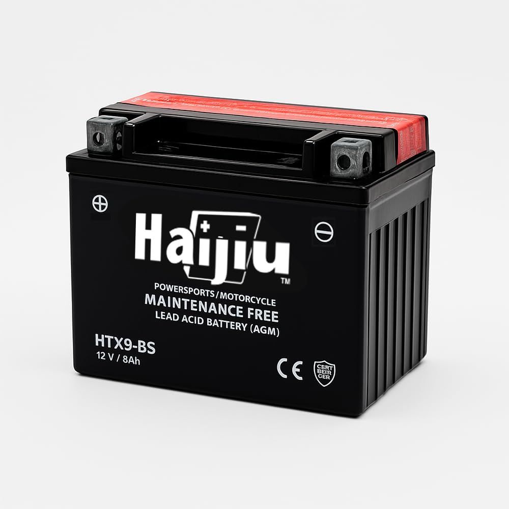 Haijiu HTX9-BS Batería de Arranque AGM para Moto y Scooter | 12V, 8 Ah, 120 CCA | Sin Mantenimiento, Antivibración