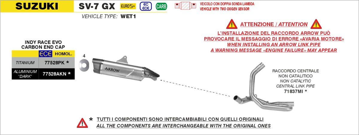 Escape ARROW Indy Race homologado en aluminio negro para SUZUKI SV-7GX 2026