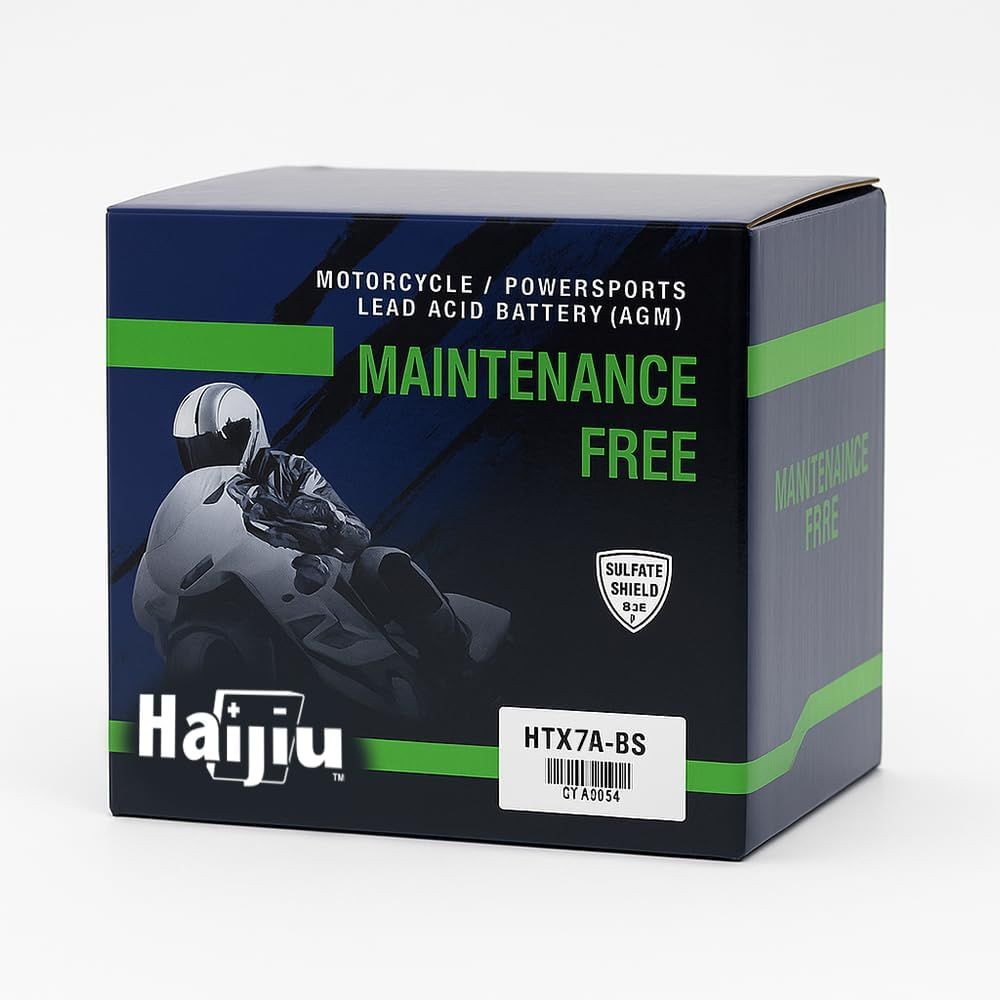 Haijiu HTX7A-BS Batería de Arranque AGM para Moto y Scooter | 12V, 6 Ah, 105 CCA | Lista para Usar, sin Mantenimiento, Antivibración