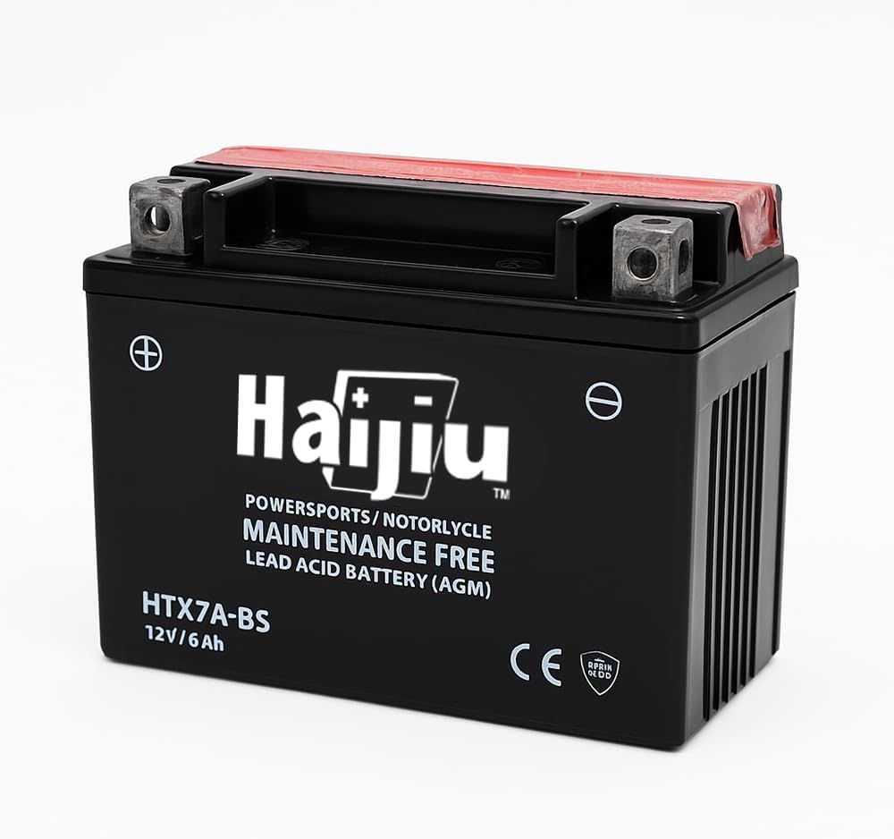 Haijiu HTX7A-BS Batería de Arranque AGM para Moto y Scooter | 12V, 6 Ah, 105 CCA | Lista para Usar, sin Mantenimiento, Antivibración