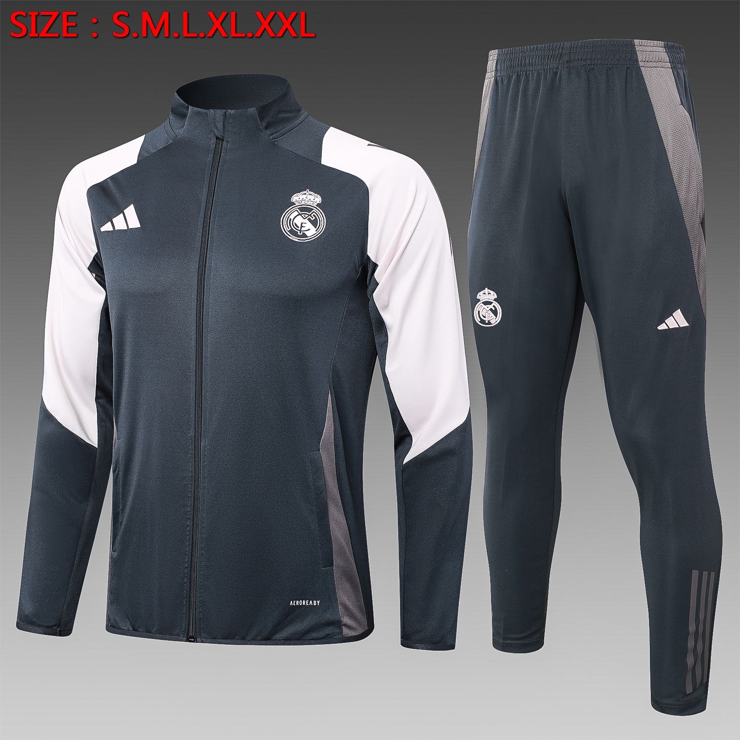 Real Madrid Charcoal Grey and White Tracksuit Set