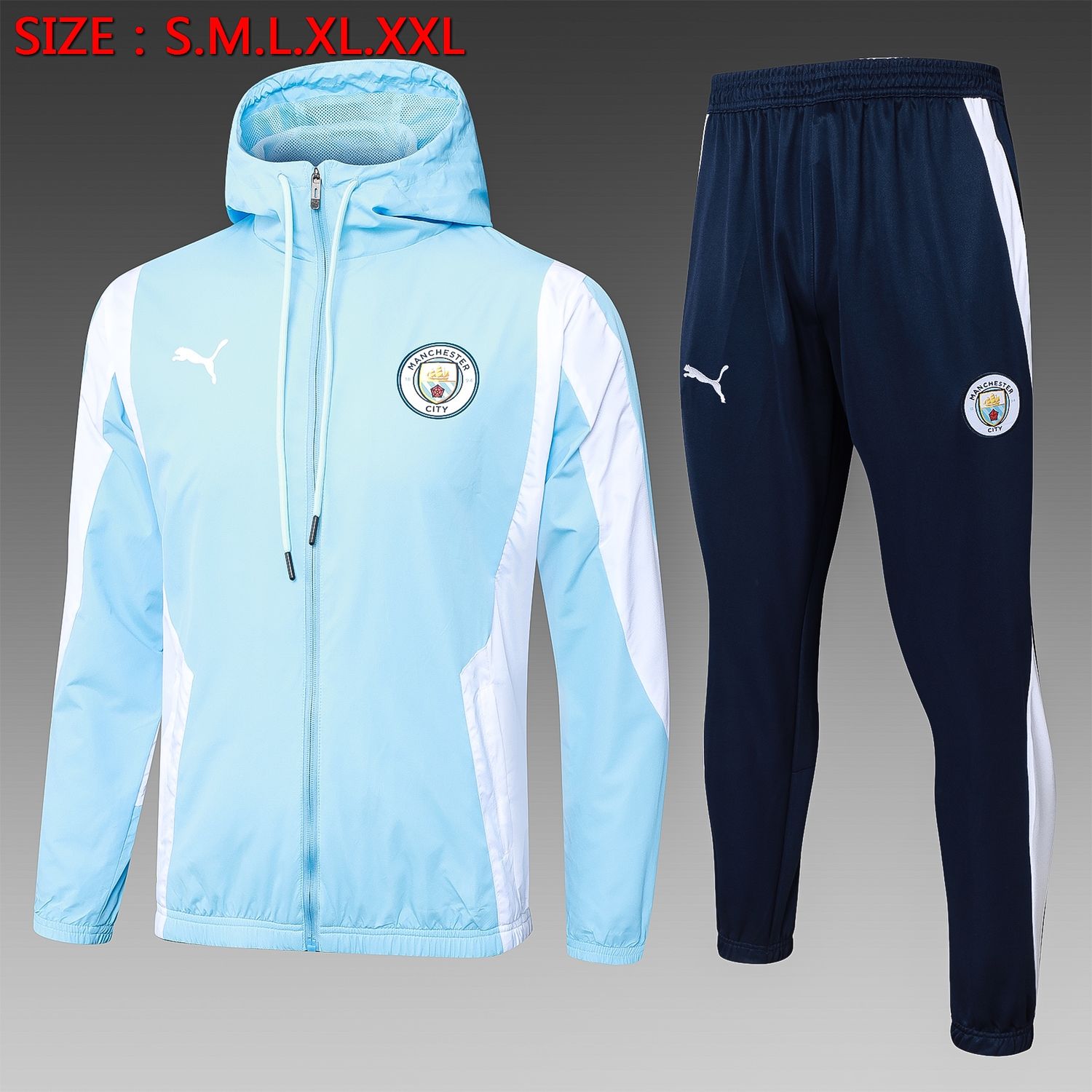 Manchester City Blue, White and Navy Hooded Tracksuit Set Manchester City Blue, White and Navy Hooded Tracksuit Set