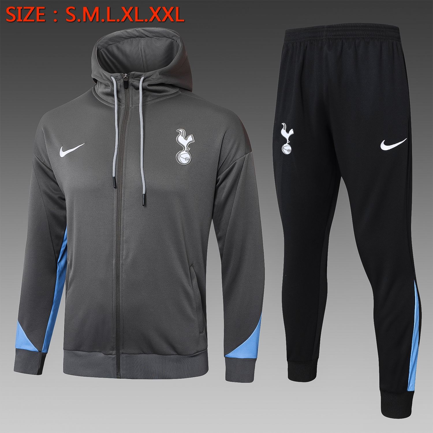 Tottenham Hotspurs Charcoal Grey, Blue and Black Hooded Tracksuit Set