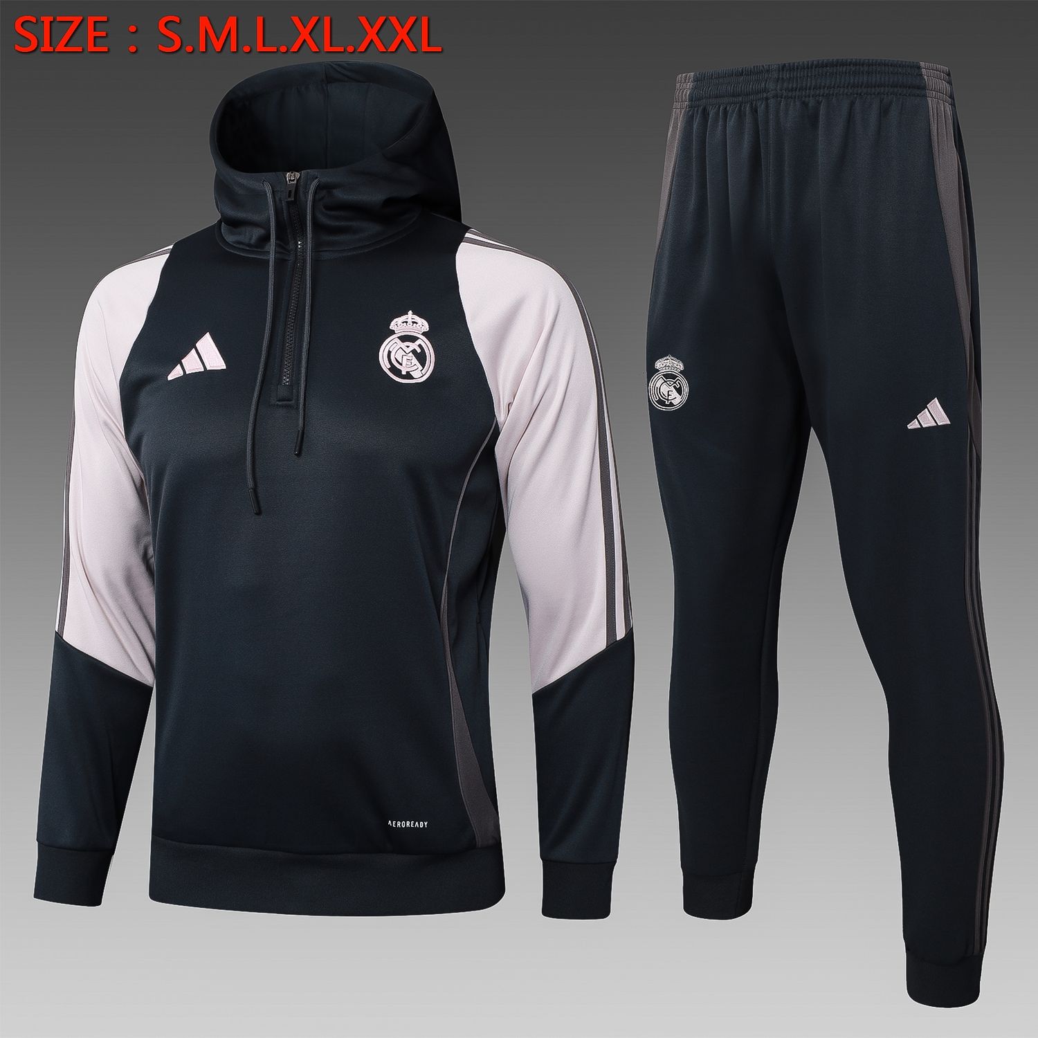 Real Madrid Black and Grey Hooded Tracksuit Set Real Madrid Black and Grey Hooded Tracksuit Set