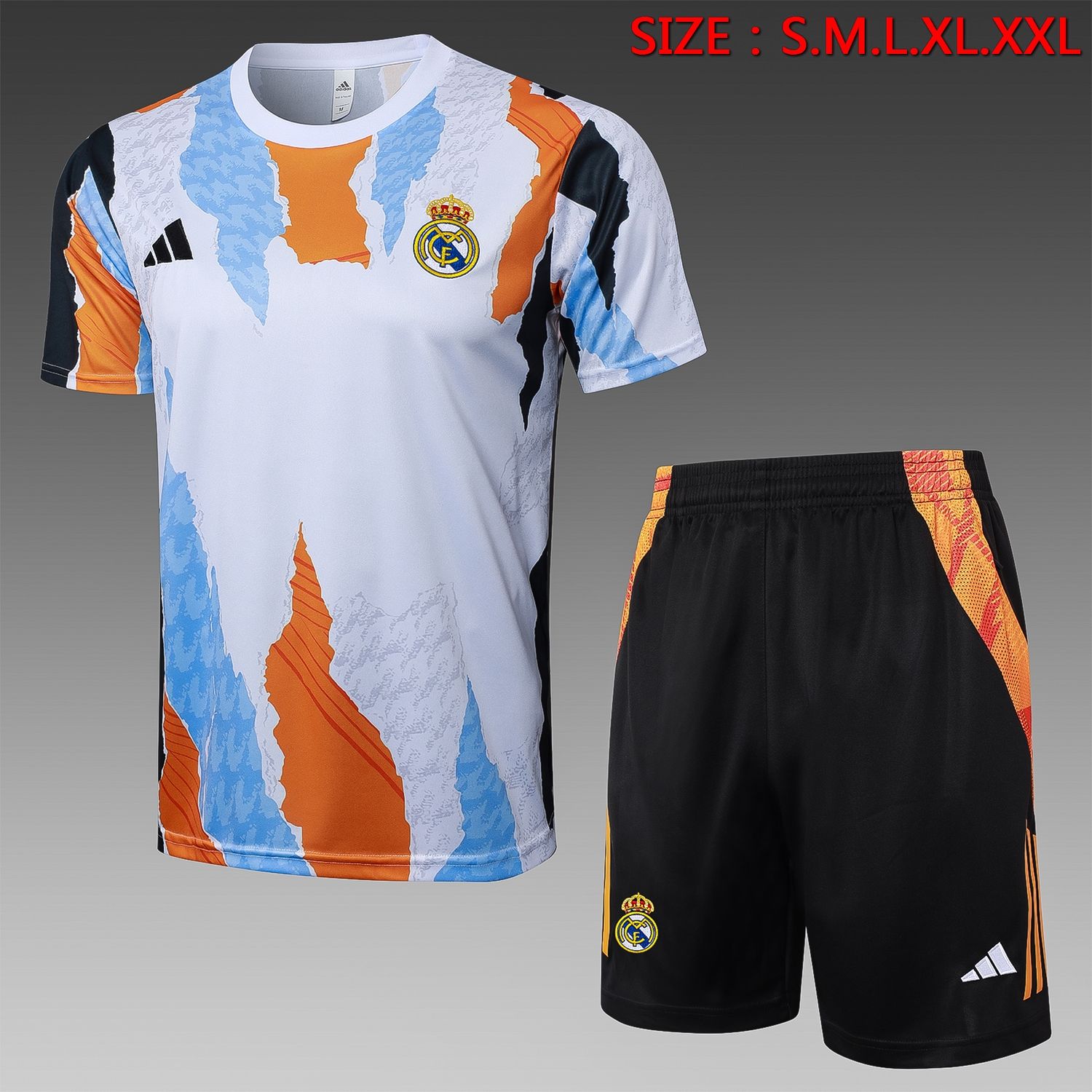 Real Madrid White, Orange and Blue Short Sleeve Training Set Real Madrid White, Orange and Blue Short Sleeve Training Set