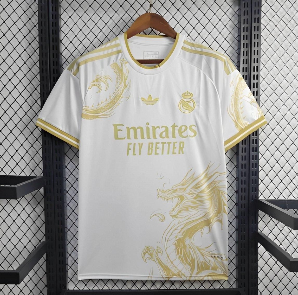 Real Madrid White and Gold Dragon Special Fan Jersey Real Madrid White and Gold Dragon Special Fan Jersey