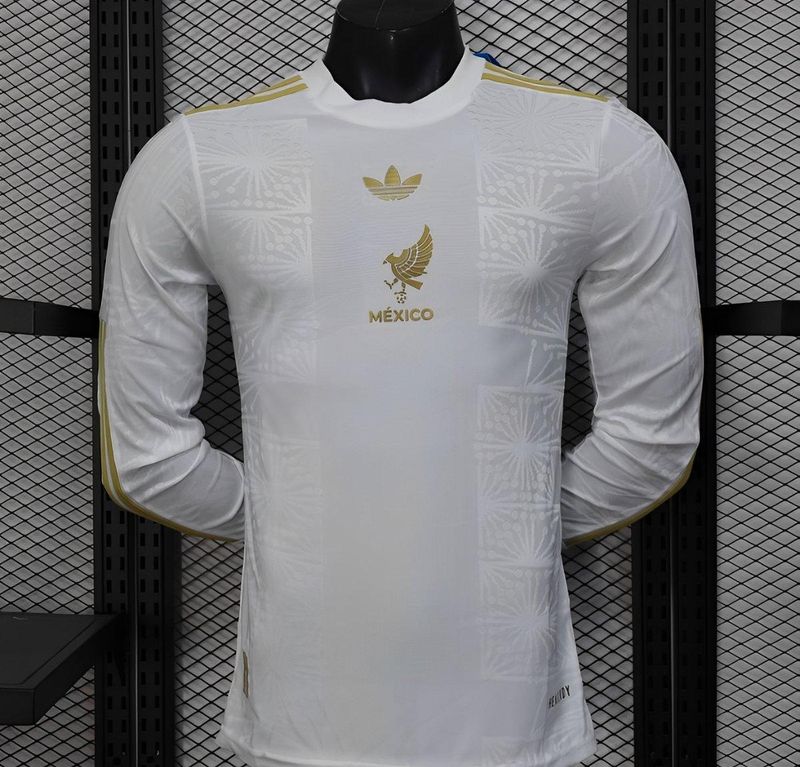 Mexico White and Gold Cup Long Sleeve Player Jersey