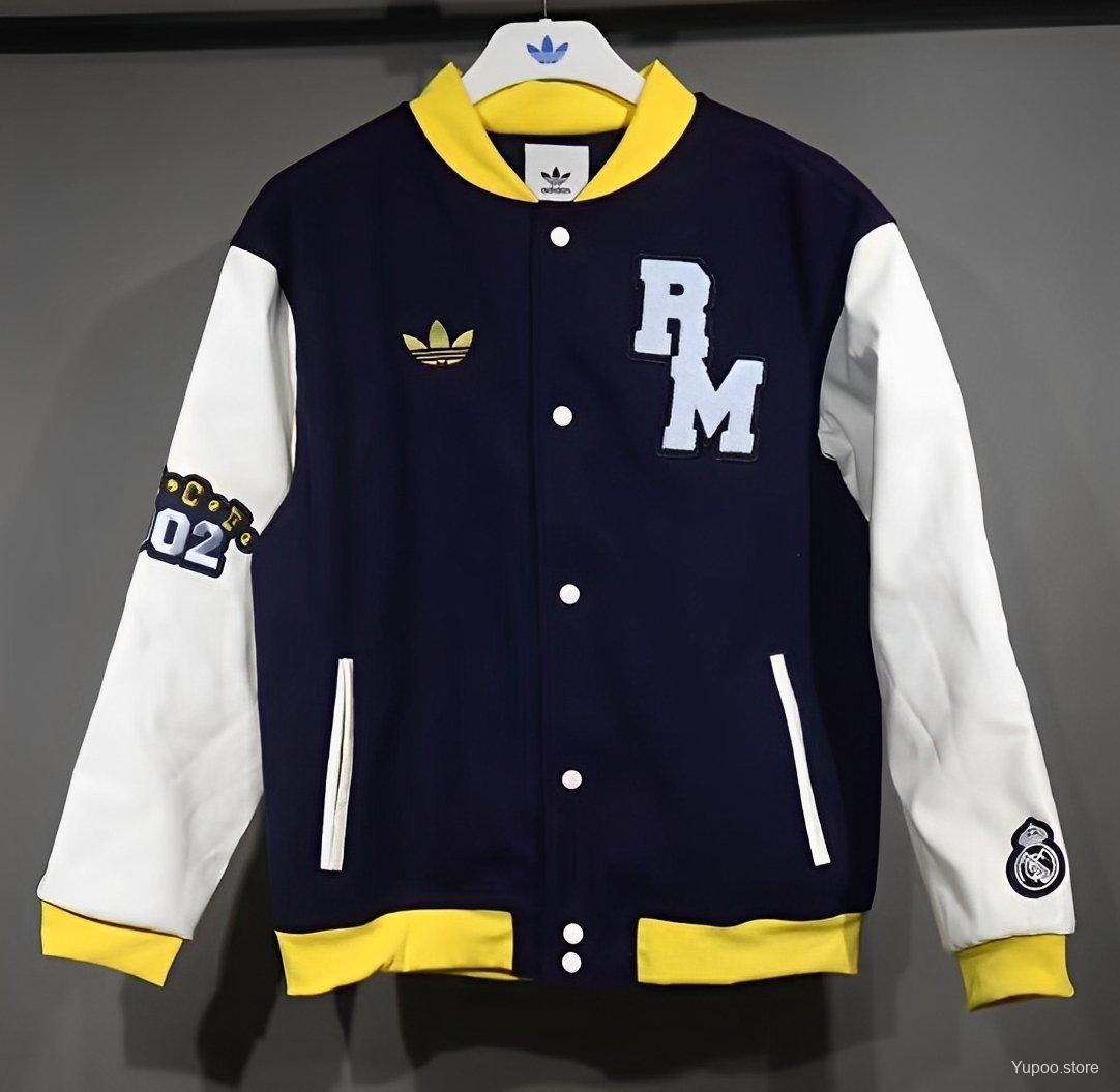 Real Madrid Navy, White and Yellow Baseball Jacket  Real Madrid Navy, White and Yellow Baseball Jacket
