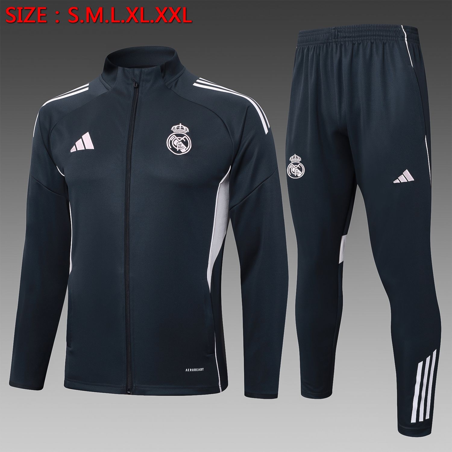 Real Madrid Charcoal Grey and White Long Tracksuit Set Real Madrid Charcoal Grey and White Long Tracksuit Set