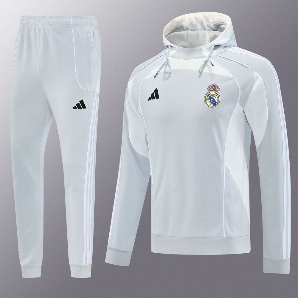 Real Madrid Grey and White Hooded Tracksuit Set Real Madrid Grey and White Hooded Tracksuit Set