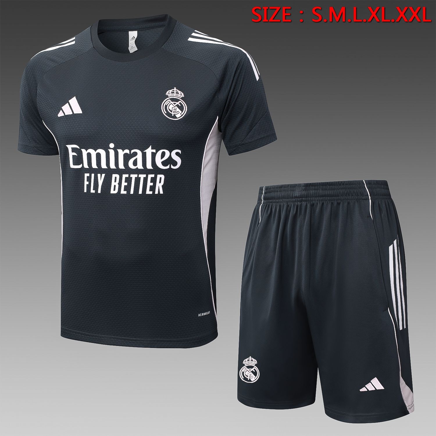 Real Madrid Charcoal Grey and White Short Sleeve Training Set Real Madrid Charcoal Grey and White Short Sleeve Training Set