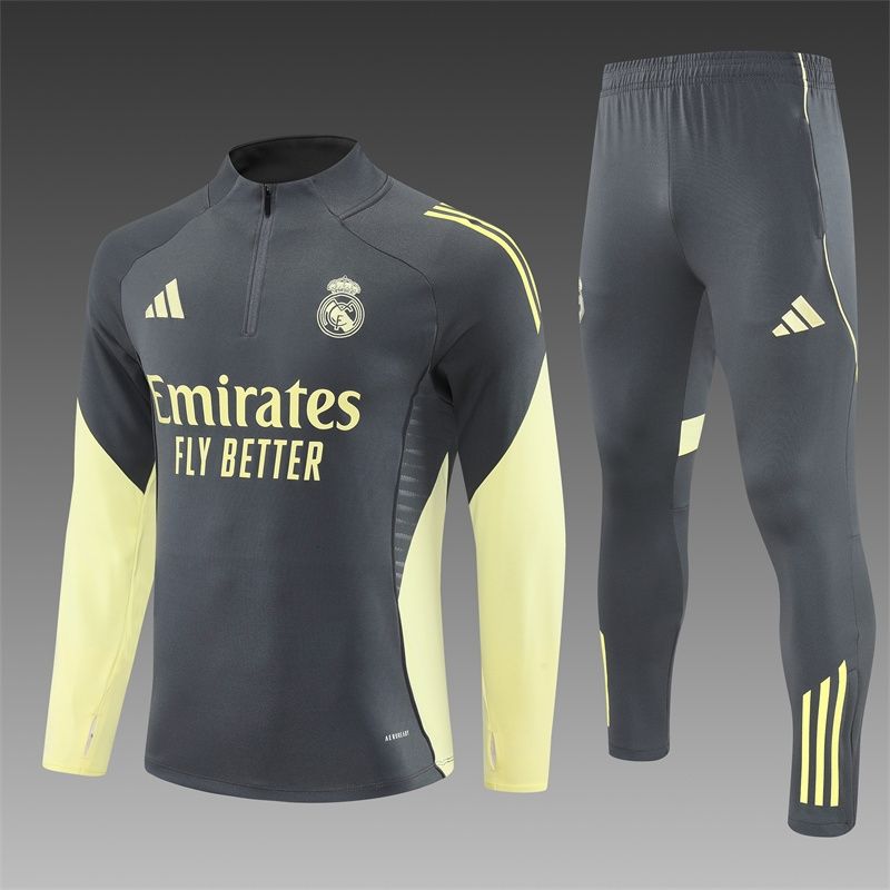 Real Madrid Charcoal Grey and Pastel Yellow Long Sleeve Training Set 