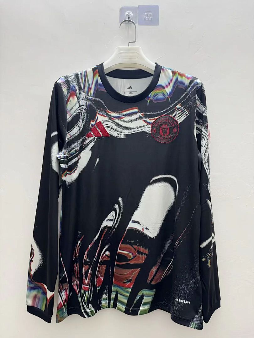 Man United Black, White and Red Sound Wave Long Sleeve Fan Jersey