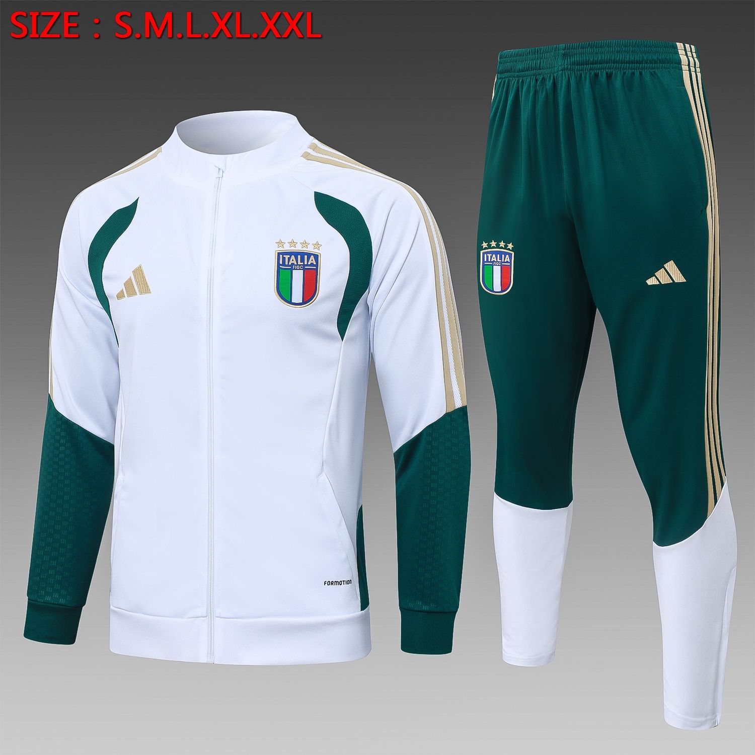 Italy White and Bottle Green Long Sleeve Tracksuit Set