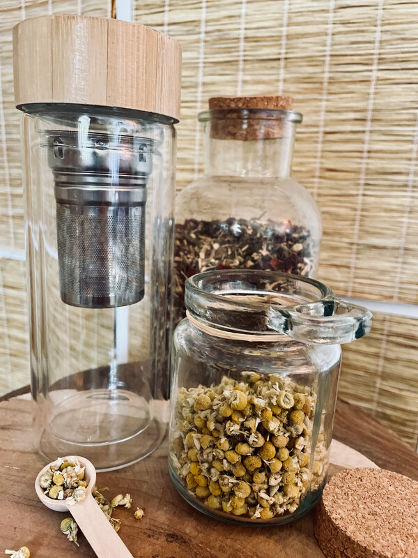 Glazen Thermosfles met RVS Infuser & Bamboe Glazen Thermosfles met RVS Infuser & Bamboe