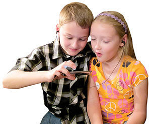 Brother and sister wearing earbuds, listening to a smart device.