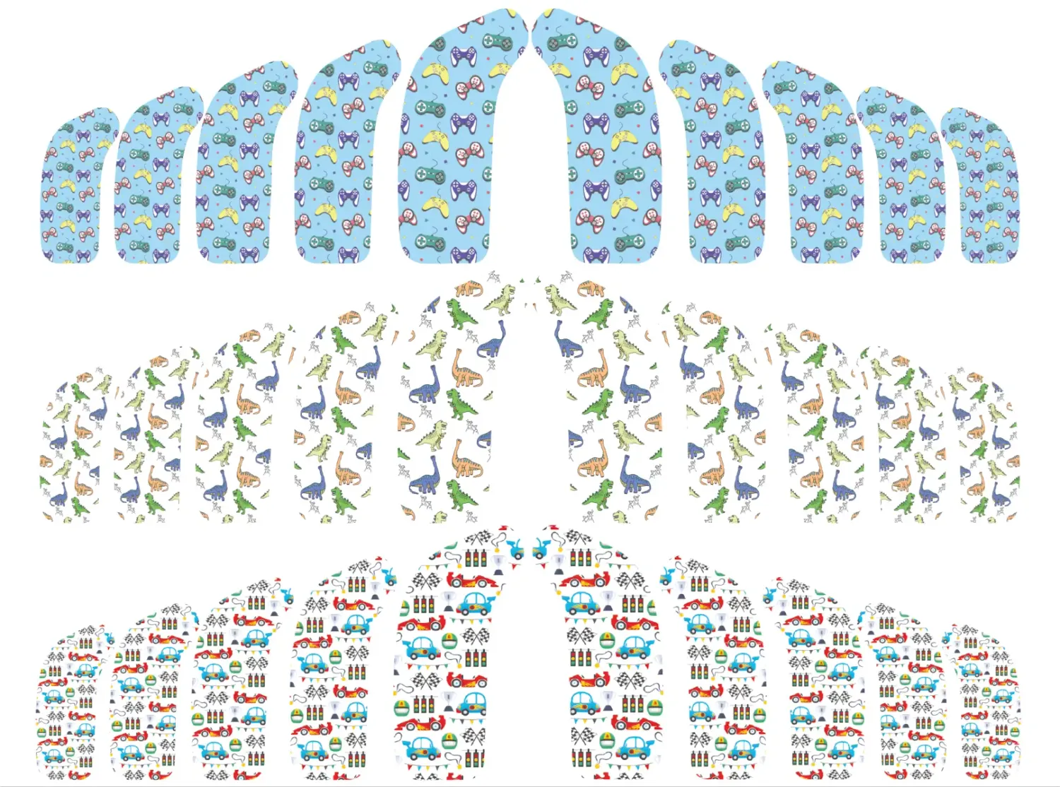 HearSkins® Hearing Aid Sticker Bundles, Theme: Dinos / Cars / Gametime
