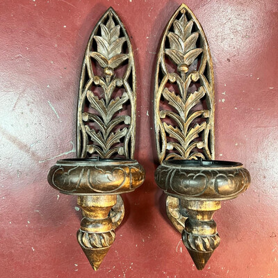 Antique Handcarved Wood Wall Mount Candlestick Holders