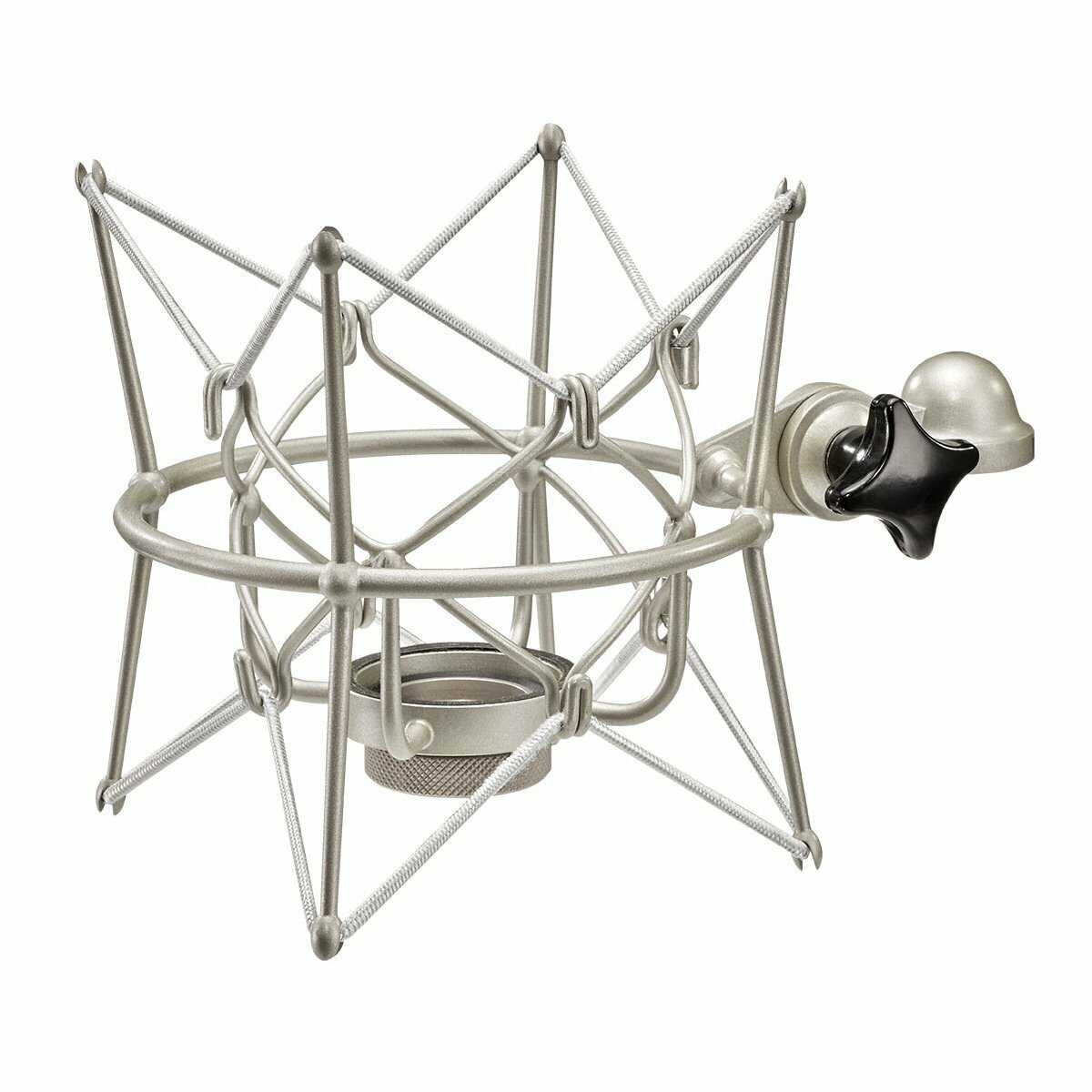 EA 2 Shock Mount for TLM193 in nickel (SPECIAL OFFER) Neumann Nickel EA2 suspension with SG367 swivel clamp two grey elastics hung from vertical pillars and a circular mic holder