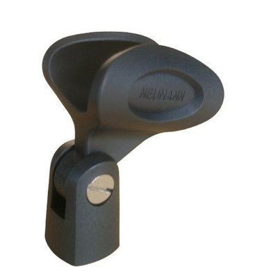 Black mic stand clip with Neumann logo on a white background