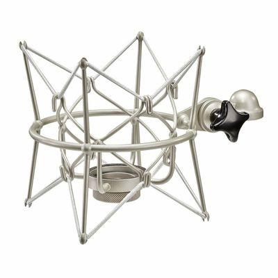 Neumann Nickel EA2 suspension with SG367 swivel clamp two grey elastics hung from vertical pillars and a circular mic holder