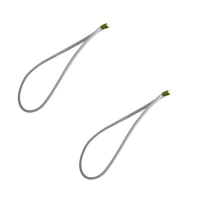 Two grey Neumann elastic loops for microphone suspension ends crimped in one place on a white background