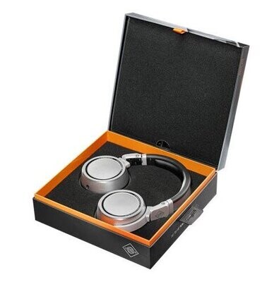 Open Neumann black wooden box with silver colored NDH headphones inside on a white background