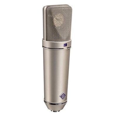 Neumann Nickel Coloured U87Ai large diaphragm microphone with purple diamond shape logo name badge on a white background