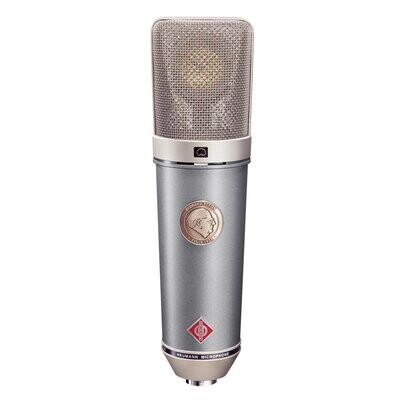 Library photo of a Neumann U67 nickel coloured microphone with red diamond shape name badge on a white background