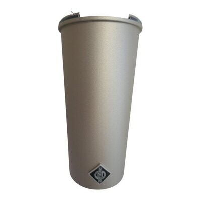 Neumann nickel coloured metal microphone housing tube with purple name badge on a white background 