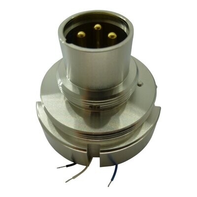 Silver coloured metal XLR three male connector on round flange with three connection wires extending from it's base