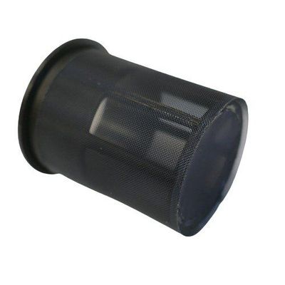 Black cylindrical wire mesh capsule for a Neumann microphone on a white background 