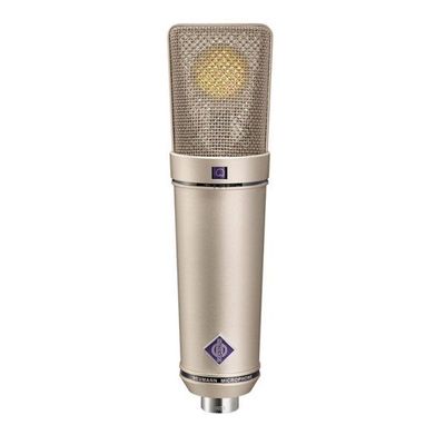 Neumann U89 large diaphragm microphone with purple logo name badge on a white bckground