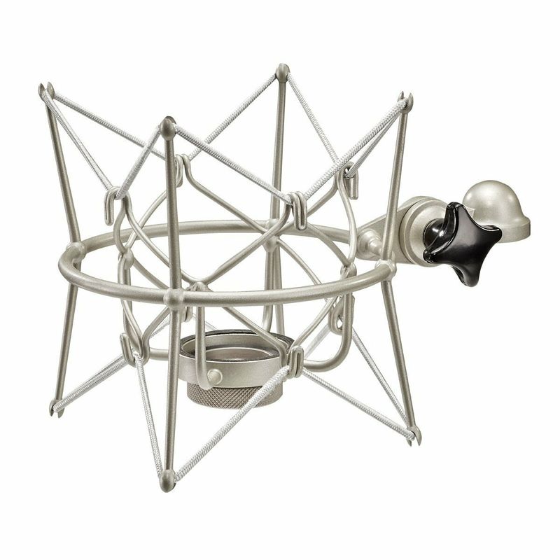 Neumann Nickel EA2 suspension with swivel clamp 2 grey elastics hung from pillars and a circular mic holder part 008432