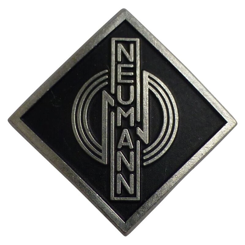 Metal alloy diamond shaped name badge Neumann 061481 with three stylised concentric rings over black on a white background