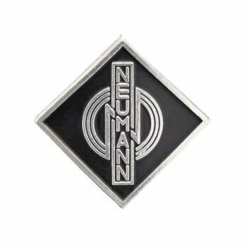 Metal alloy diamond shaped name badge Neumann 071306 with three stylised concentric rings over black on a white background