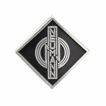 Metal alloy diamond shaped name badge Neumann 071306 with three stylised concentric rings over black on a white background