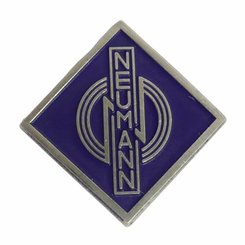Metal diamond shape logo badge with purple background and vertical Neumann and three stylised concentric circles on white