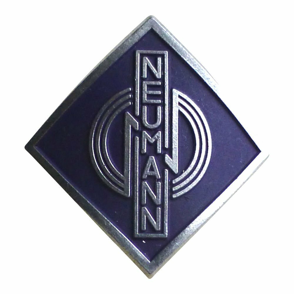 Metal alloy diamond shaped name badge Neumann 061474 with three stylised concentric rings over purple on a white background
