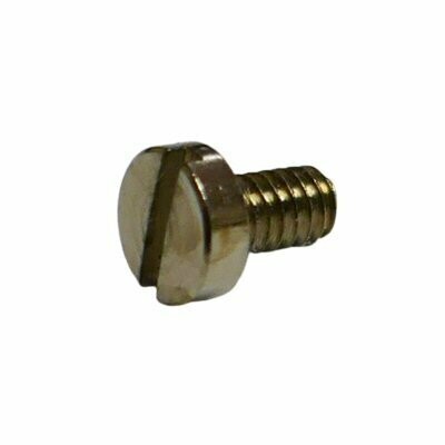 Neumann Brass coloured U87 mic screw with slotted cheese head short stubby threaded body on a white background