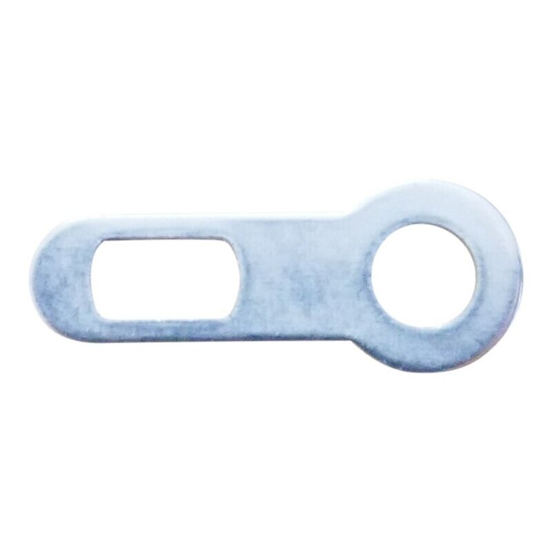 Small electrical component size metal bar with cutout and a n elarged round end and cutout for a solder tag