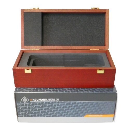 Open hinged Wooden Box and a foam insert cut-out to shape of a Neumann TLM170 mic on a retail box on a white background 