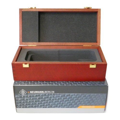Open hinged Wooden Box and a foam insert cut-out to shape of a Neumann TLM170 mic on a retail box part 071570