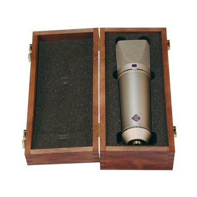 Neumann Wooden box with hinge on longest edge and foam inserts with a cut-out containing a  U87 Microphone part number 071247